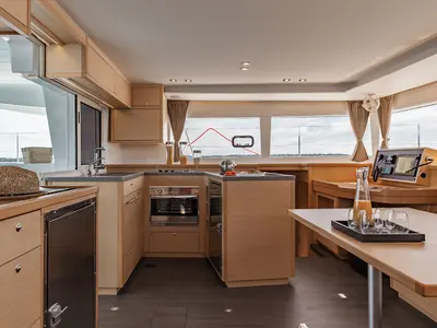 Galley of Caliente, a Lagoon 450 Fly catamaran at Thira Municipal Unit, Greece