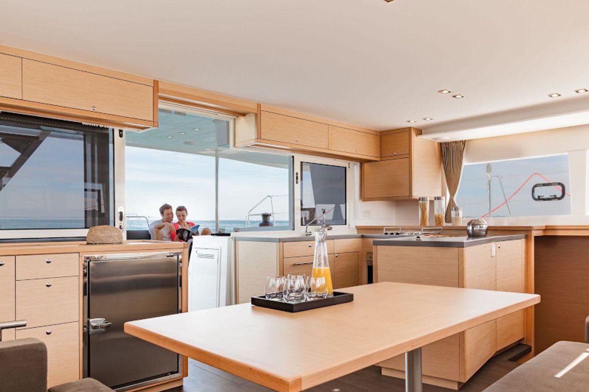 Galley of Caliente, a Lagoon 450 Fly catamaran at Thira Municipal Unit, Greece