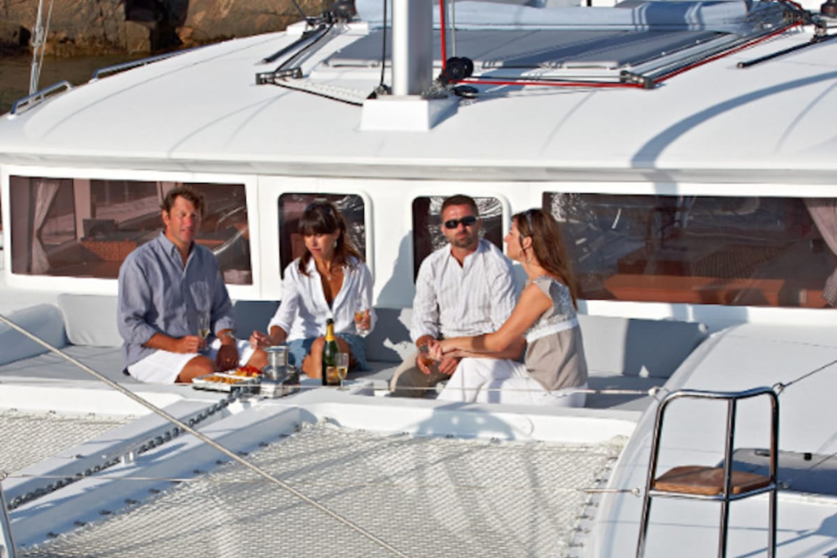 Deck of Caliente, a Lagoon 450 Fly catamaran at Thira Municipal Unit, Greece