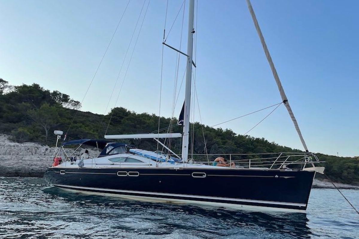 Exterior view of Olivia Adriatica, a Jeanneau Sun Odyssey 54 DS sailboat at Grad Šibenik, Croatia