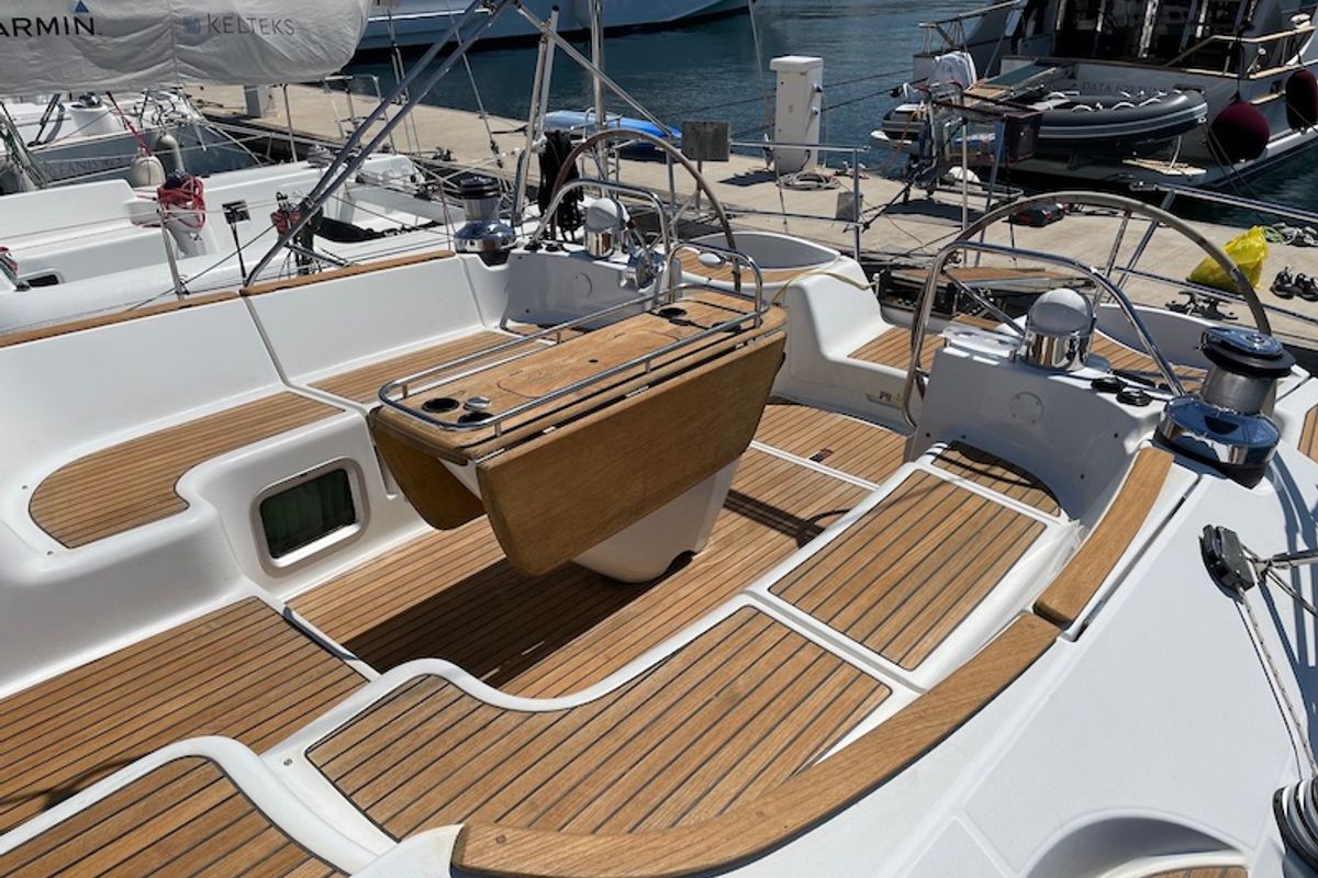 Cockpit of Olivia Adriatica, a Jeanneau Sun Odyssey 54 DS sailboat at Grad Šibenik, Croatia
