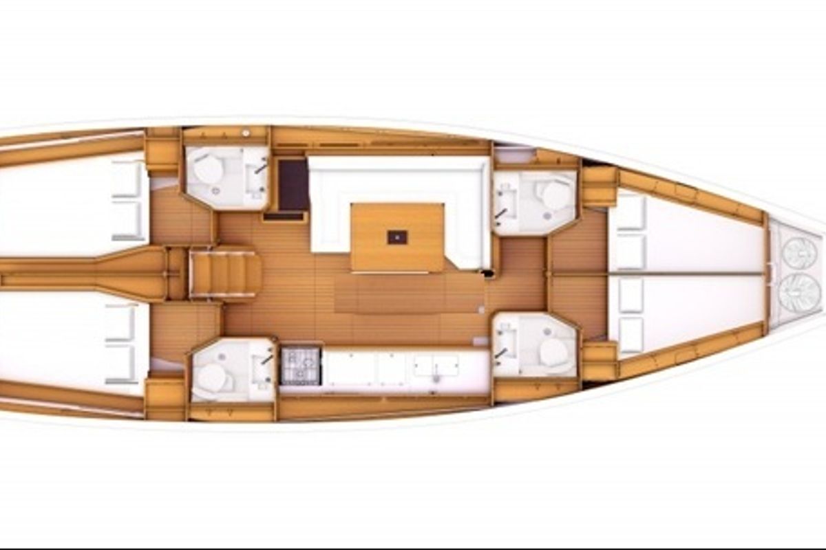 Floor plan of Happy Hippo, a Jeanneau Sun Odyssey 479 sailboat at Kos, Greece