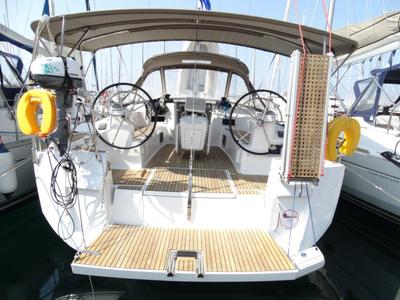 Cockpit of Happy Hippo, a Jeanneau Sun Odyssey 479 sailboat at Kos, Greece