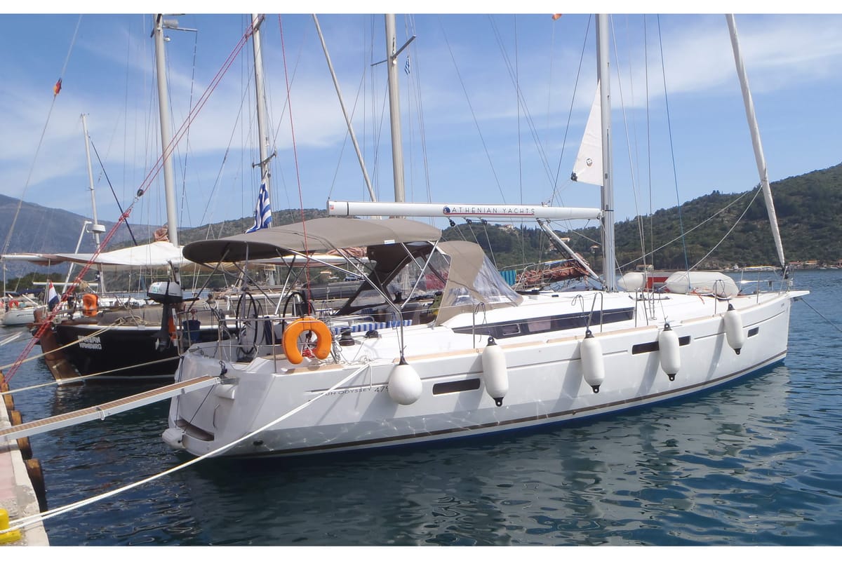 Exterior view of Happy Hippo, a Jeanneau Sun Odyssey 479 sailboat at Kos, Greece