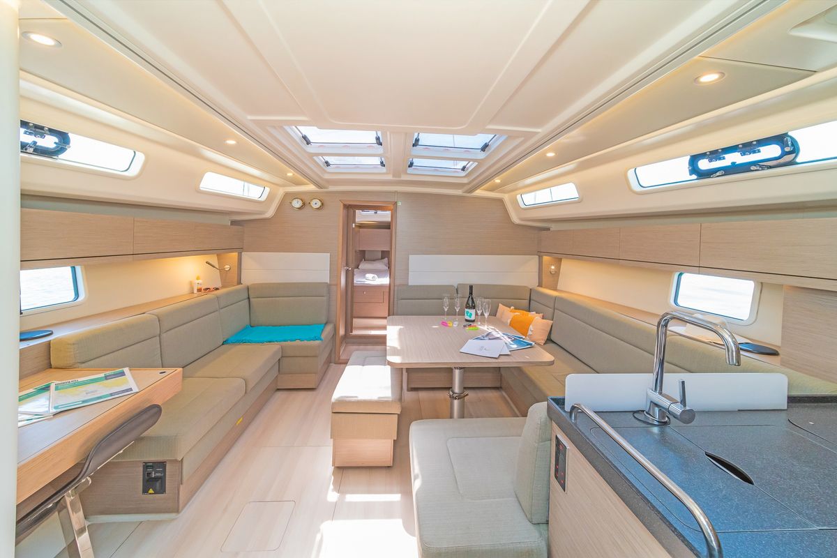 Salon of Eclipse, a Hanse Yachts Hanse 458 sailboat at Lavreotiki Municipal Unit, Greece