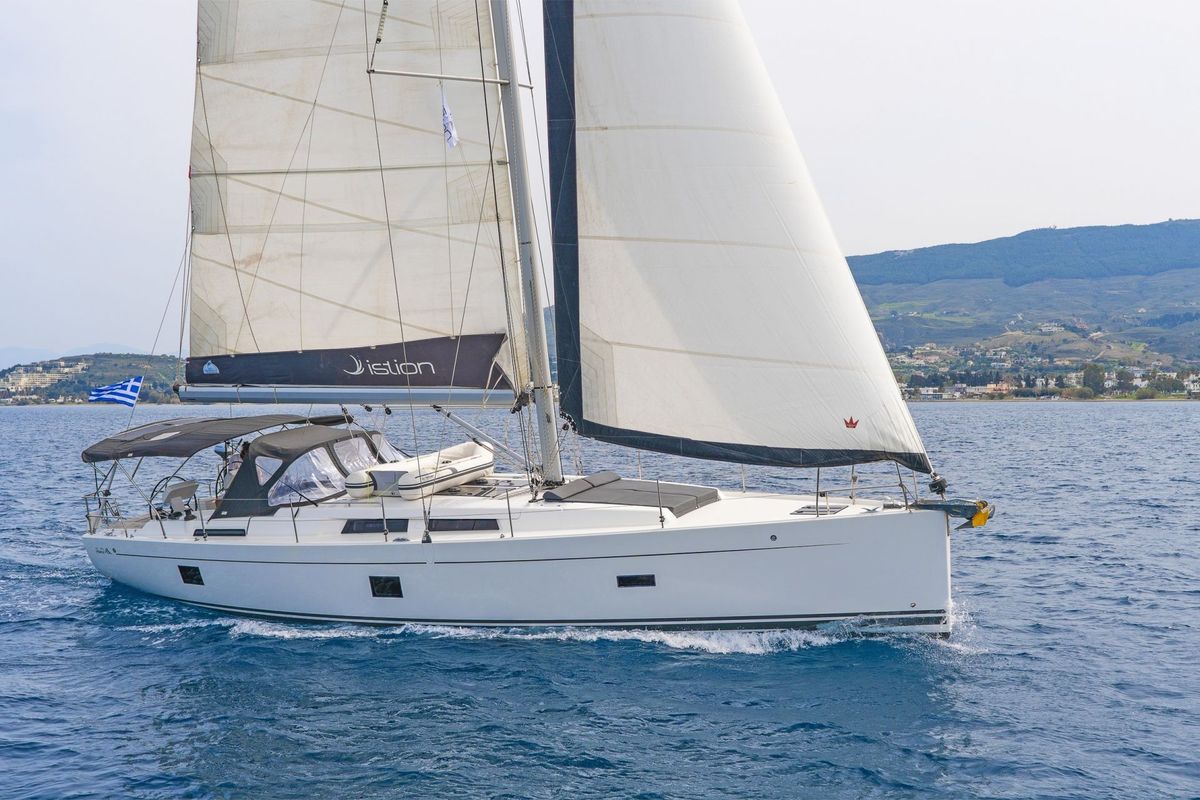 Exterior view of Eclipse, a Hanse Yachts Hanse 458 sailboat at Lavreotiki Municipal Unit, Greece