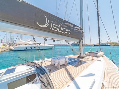 Deck of Eclipse, a Hanse Yachts Hanse 458 sailboat at Lavreotiki Municipal Unit, Greece