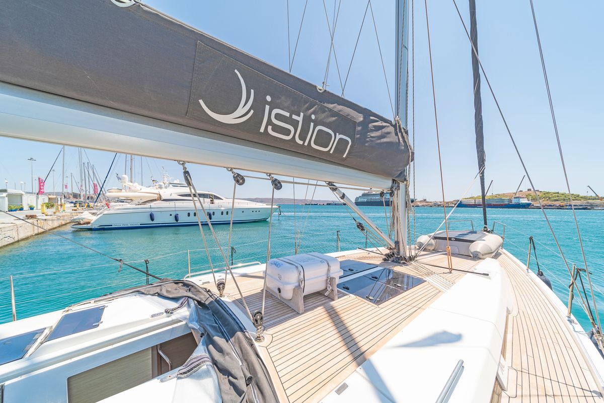 Deck of Eclipse, a Hanse Yachts Hanse 458 sailboat at Lavreotiki Municipal Unit, Greece