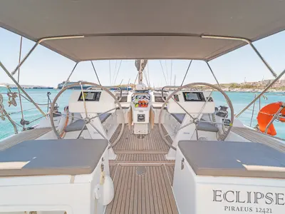 Cockpit of Eclipse, a Hanse Yachts Hanse 458 sailboat at Lavreotiki Municipal Unit, Greece