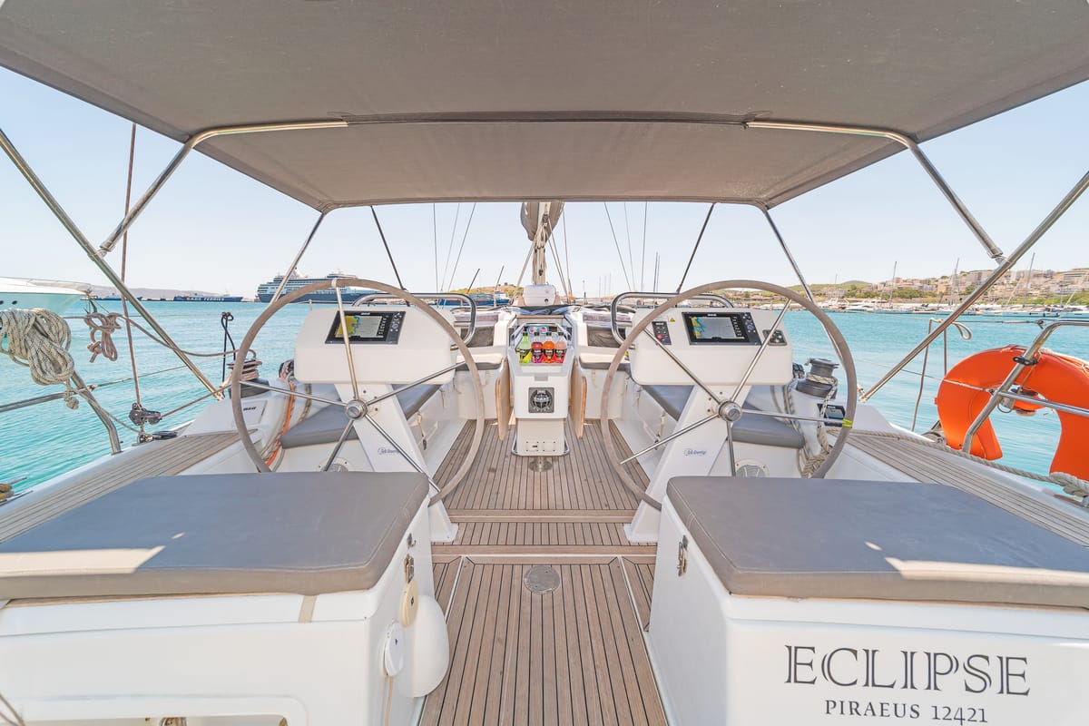 Cockpit of Eclipse, a Hanse Yachts Hanse 458 sailboat at Lavreotiki Municipal Unit, Greece