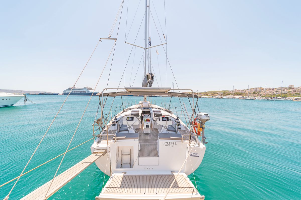 Exterior view of Eclipse, a Hanse Yachts Hanse 458 sailboat at Lavreotiki Municipal Unit, Greece