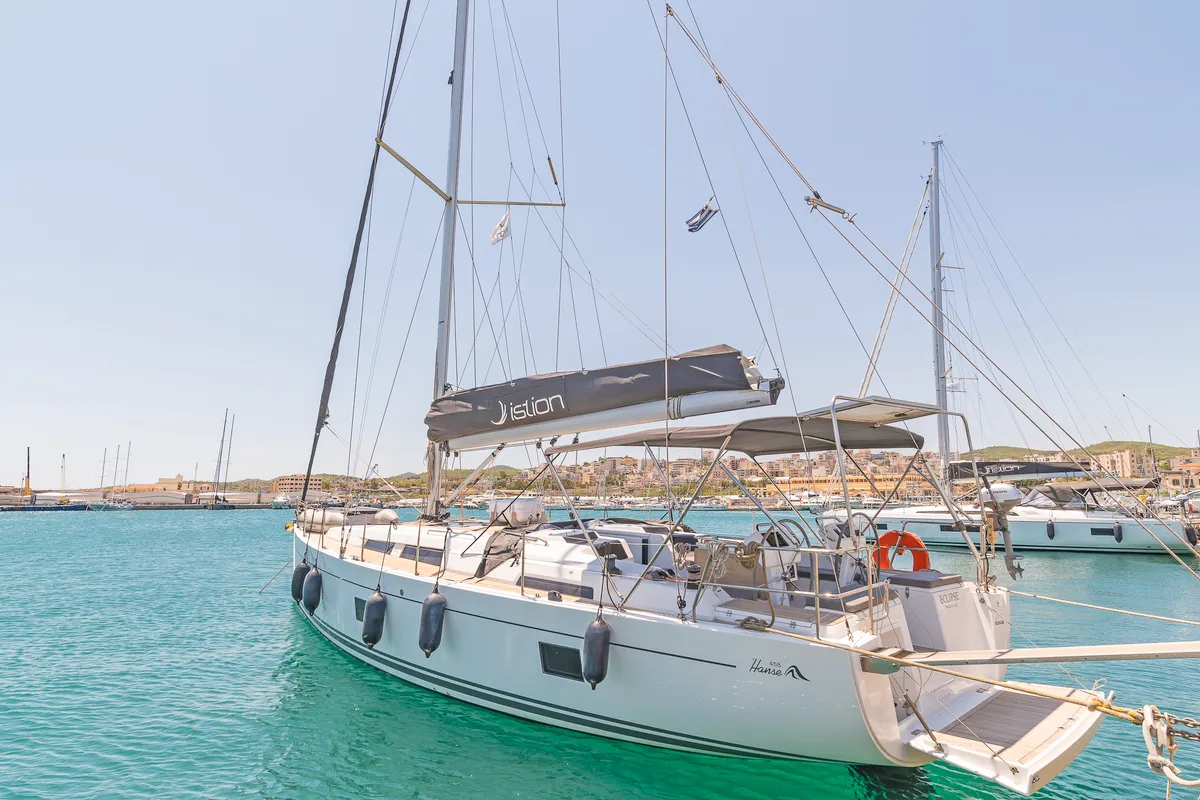 Exterior view of Eclipse, a Hanse Yachts Hanse 458 sailboat at Lavreotiki Municipal Unit, Greece