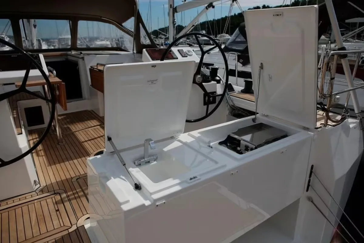 Deck of NUESTRA EMILIA, a Bavaria C45 sailboat at Izola / Isola, Slovenia