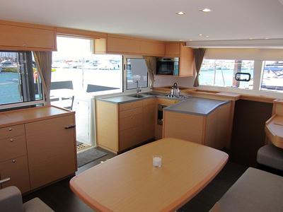Salon of Anabella, a Lagoon 450 catamaran at Palma de Mallorca, Spain