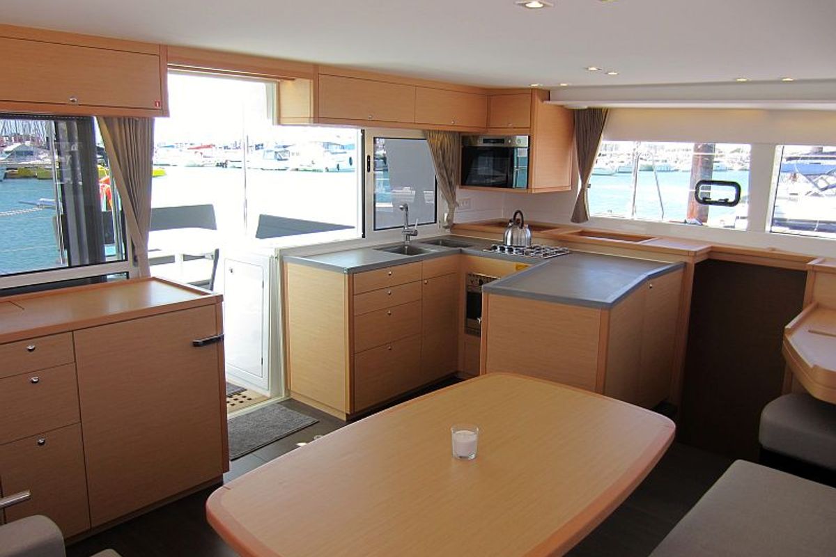 Salon of Anabella, a Lagoon 450 catamaran at Palma de Mallorca, Spain