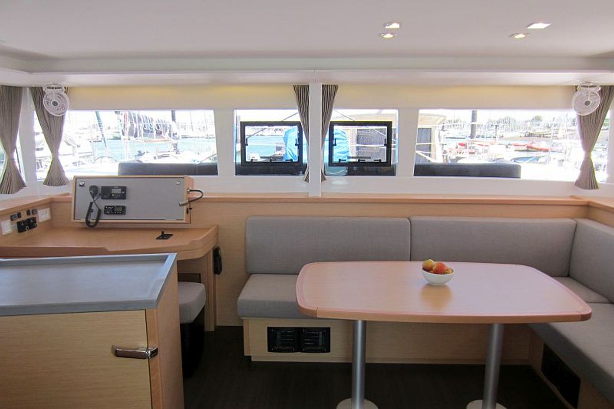 Salon of Anabella, a Lagoon 450 catamaran at Palma de Mallorca, Spain