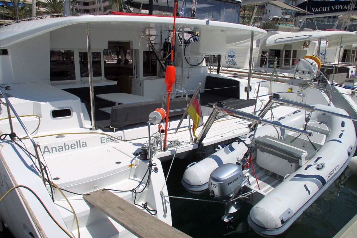 Exterior view of Anabella, a Lagoon 450 catamaran at Palma de Mallorca, Spain