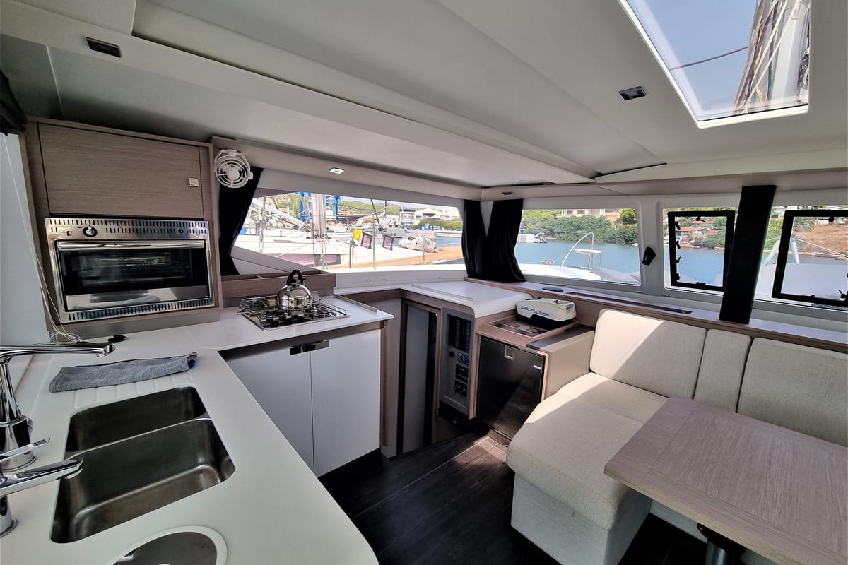 Galley of Joy, a Fountaine Pajot Isla 40 catamaran at Lavreotiki Municipal Unit, Greece