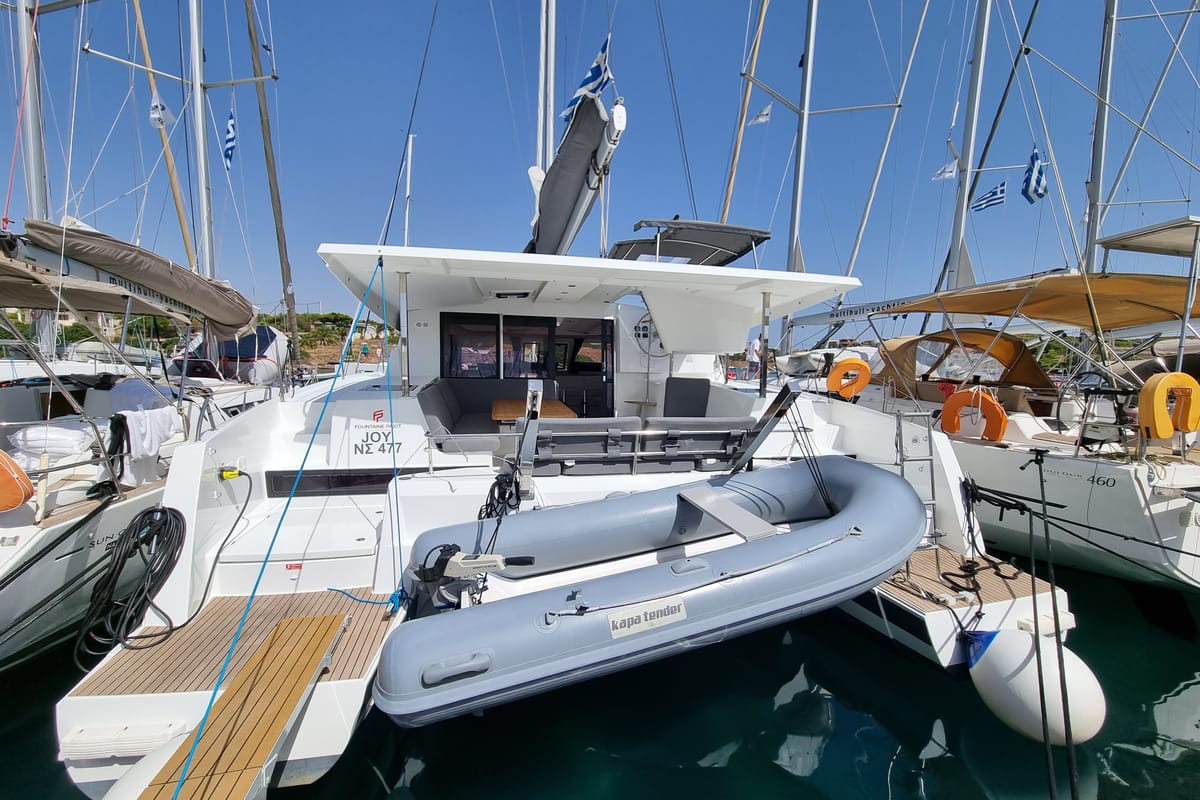 Exterior view of Joy, a Fountaine Pajot Isla 40 catamaran at Lavreotiki Municipal Unit, Greece