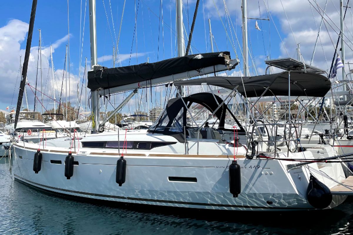 Exterior view of Amelie (Refit 2022), a Jeanneau Sun Odyssey 449 sailboat at Gouvia, Greece