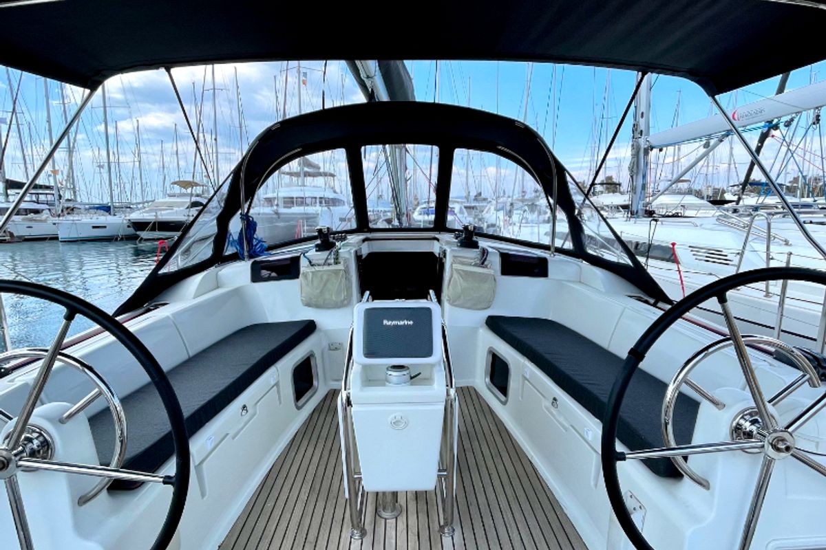 Cockpit of Amelie (Refit 2022), a Jeanneau Sun Odyssey 449 sailboat at Gouvia, Greece