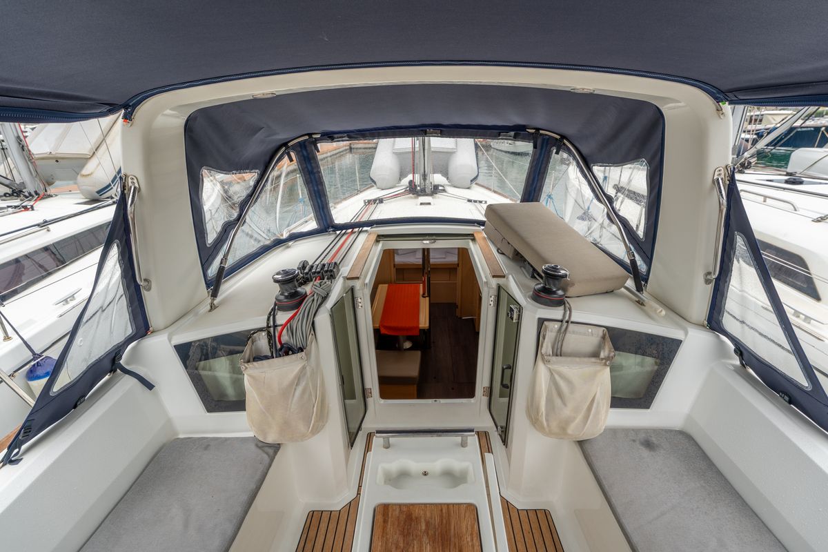 Deck of Era, a Beneteau Oceanis 38.1 sailboat at Salerno, Italy