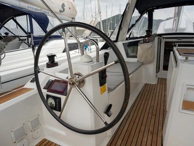 Cockpit of Era, a Beneteau Oceanis 38.1 sailboat at Salerno, Italy