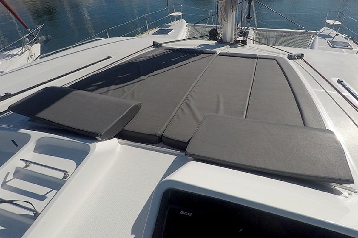 Deck of Zuzo II, a Lagoon 450 catamaran at Grad Šibenik, Croatia