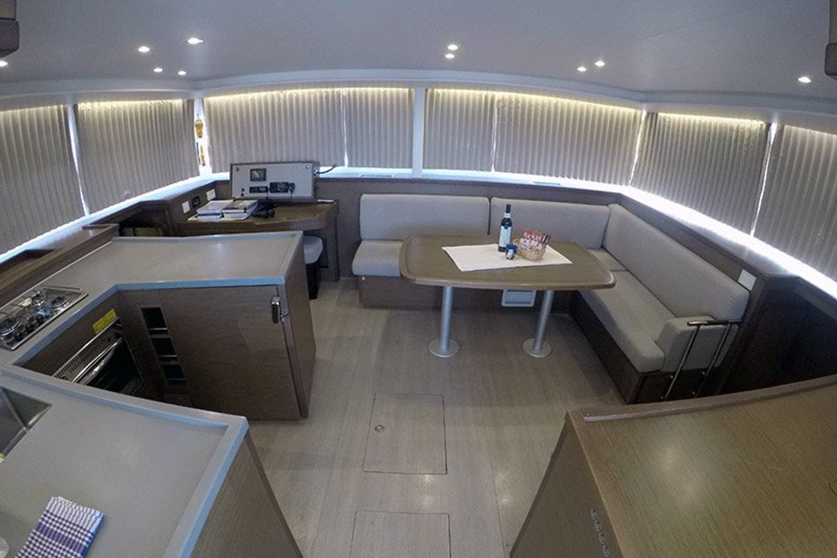 Salon of Zuzo II, a Lagoon 450 catamaran at Grad Šibenik, Croatia