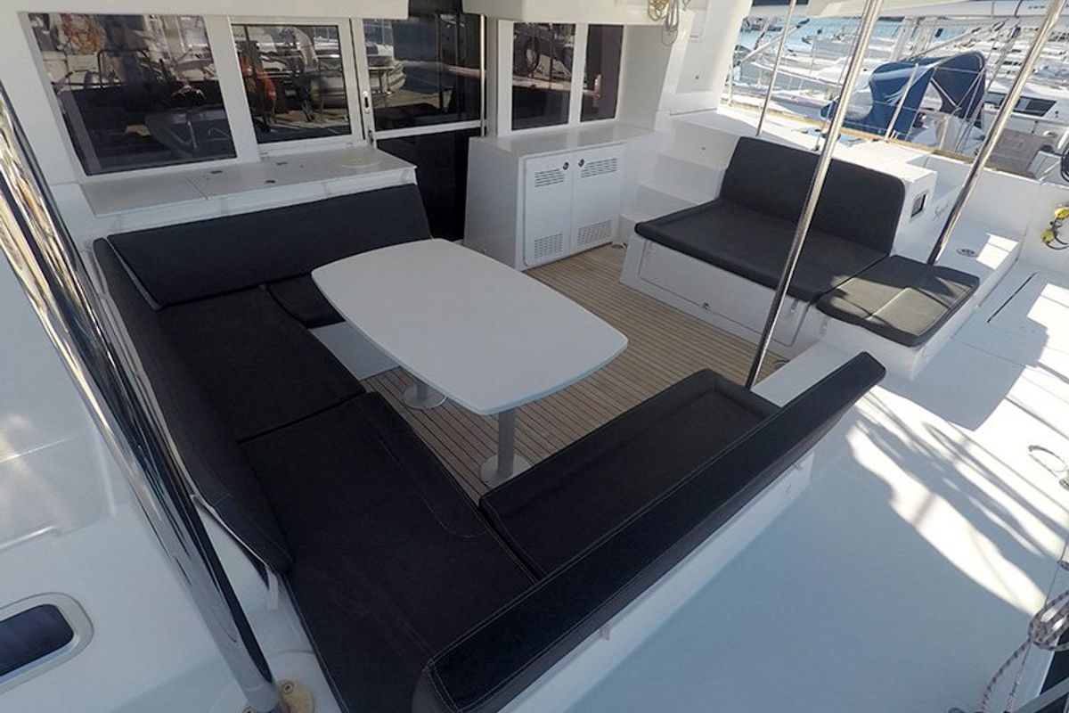 Deck of Zuzo II, a Lagoon 450 catamaran at Grad Šibenik, Croatia