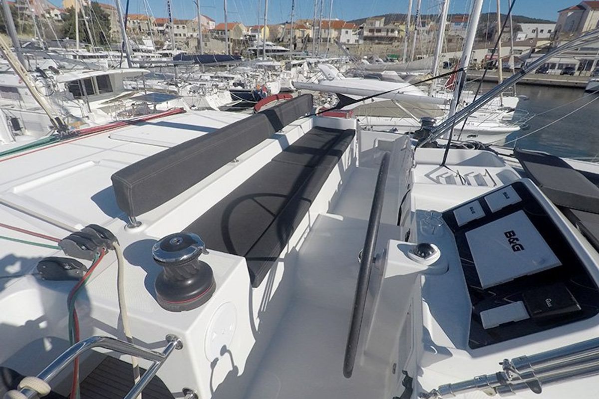 Cockpit of Zuzo II, a Lagoon 450 catamaran at Grad Šibenik, Croatia