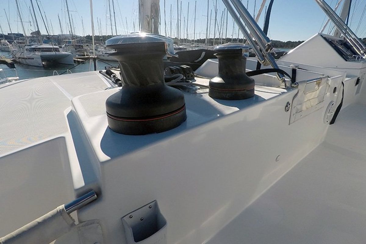 Cockpit of Zuzo II, a Lagoon 450 catamaran at Grad Šibenik, Croatia