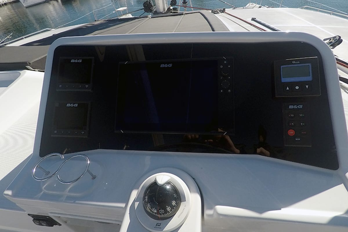 Cockpit of Zuzo II, a Lagoon 450 catamaran at Grad Šibenik, Croatia