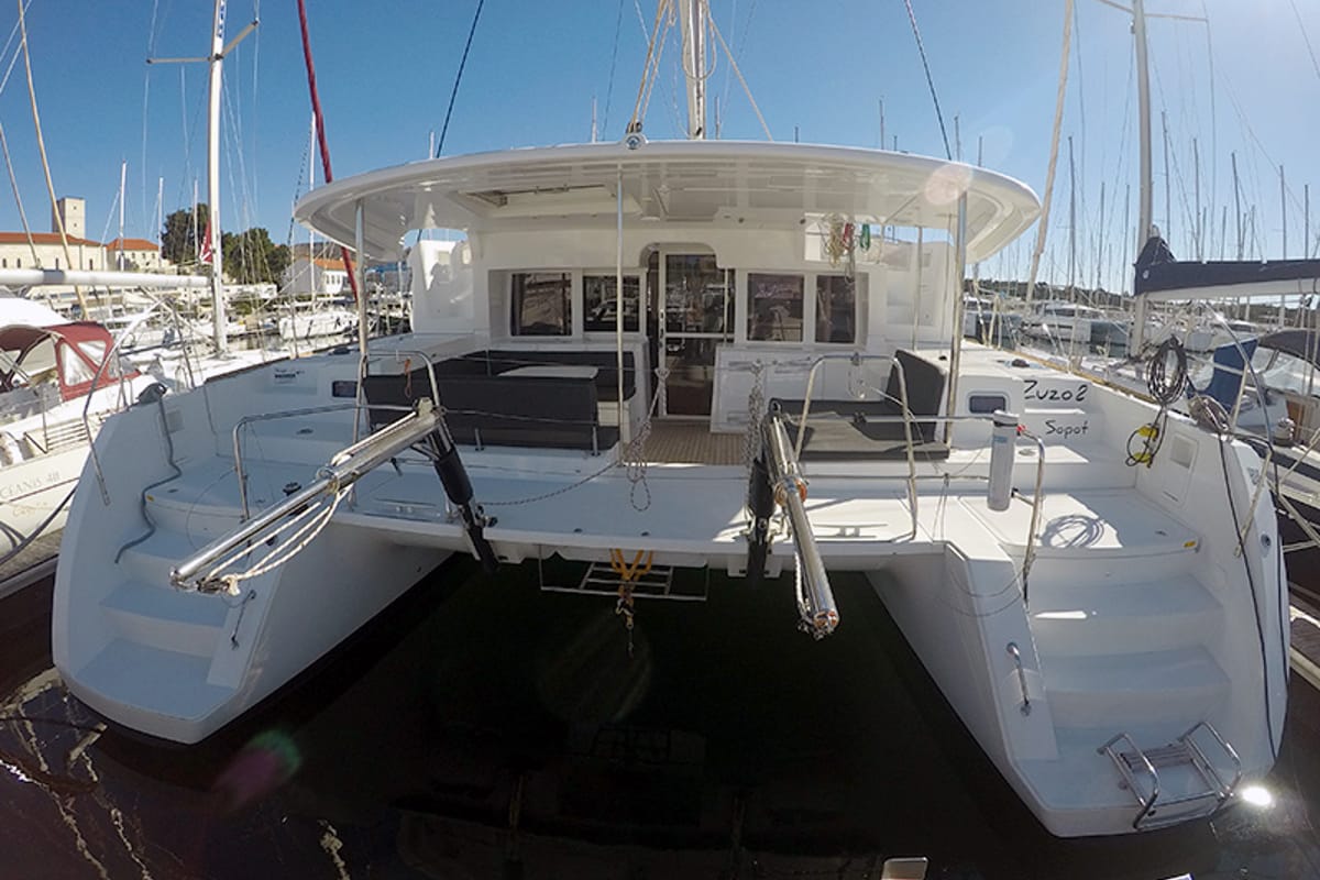 Exterior view of Zuzo II, a Lagoon 450 catamaran at Grad Šibenik, Croatia