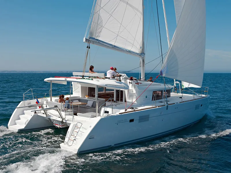 Exterior view of Zuzo II, a Lagoon 450 catamaran at Grad Šibenik, Croatia