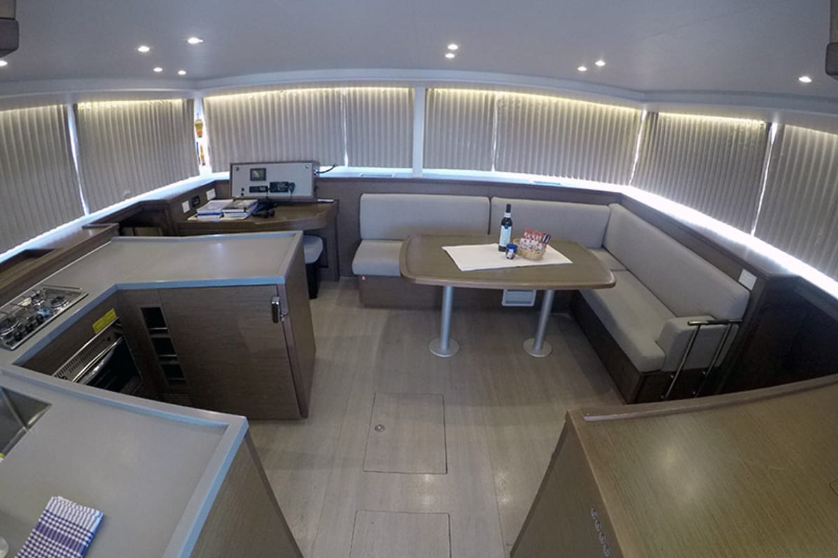 Salon of Zuzo II, a Lagoon 450 catamaran at Grad Šibenik, Croatia