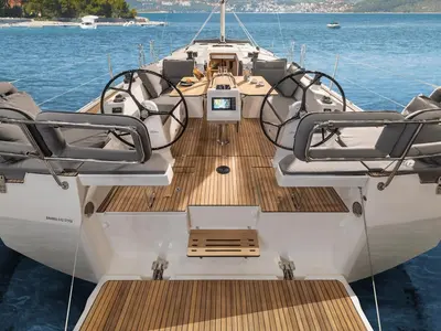 Cockpit of Aurora, a Bavaria C42 sailboat at Kontokali, Greece