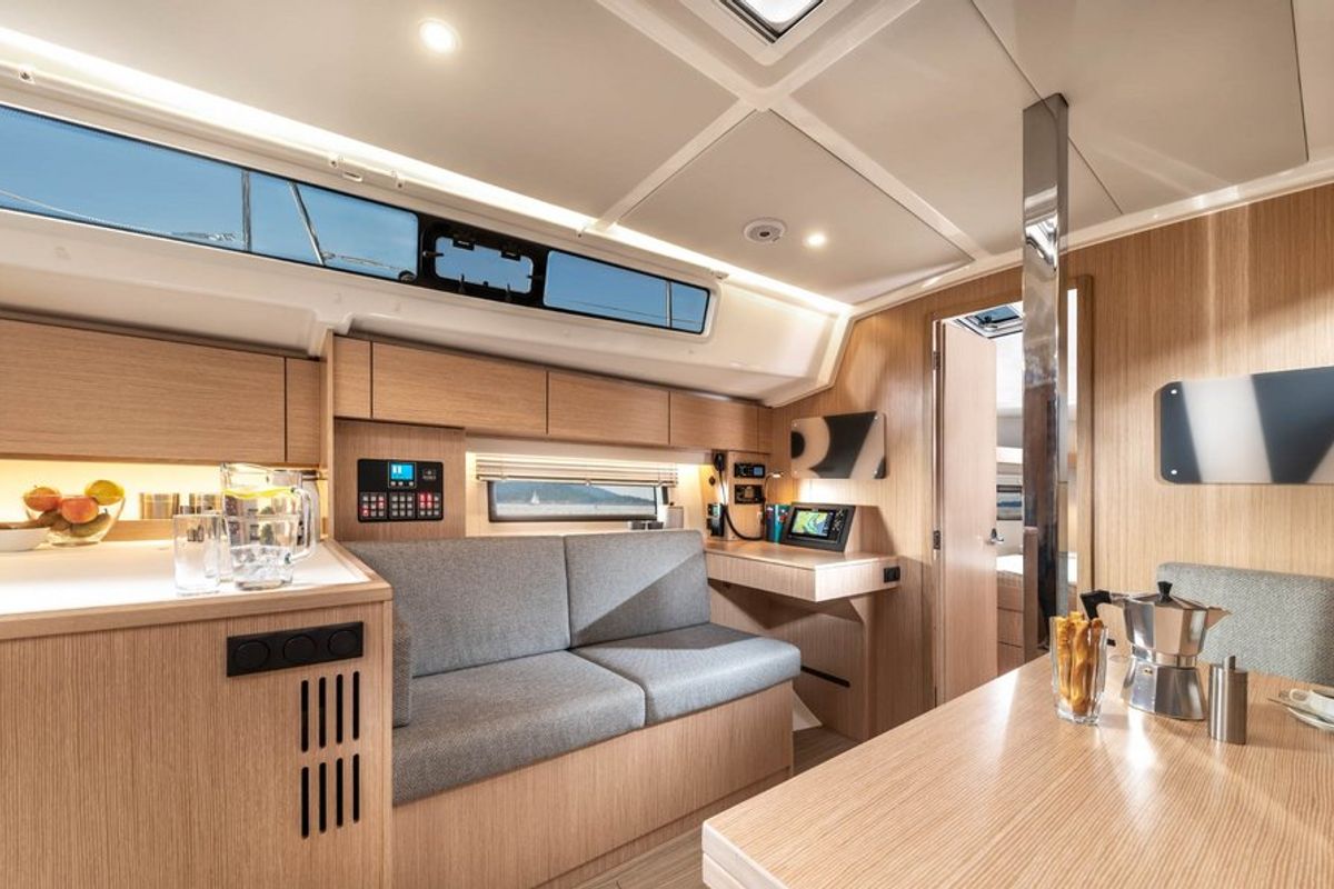 Salon of Aurora, a Bavaria C42 sailboat at Kontokali, Greece