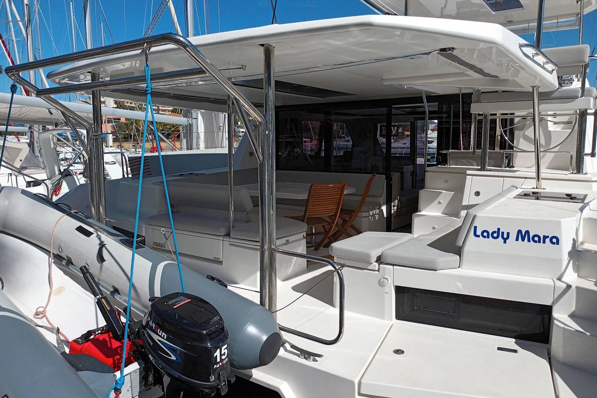 Deck of Lady Mara, a Leopard 45 catamaran at Palma de Mallorca, Spain
