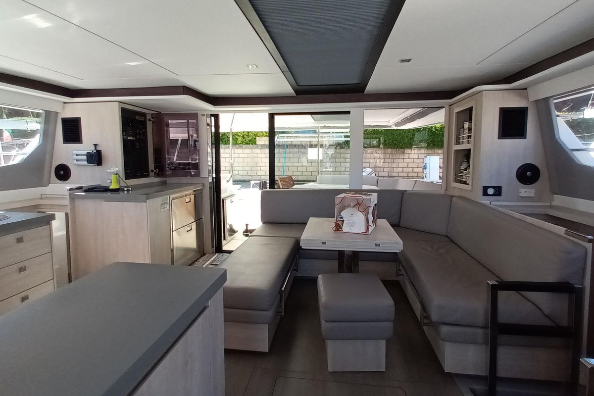 Salon of Lady Mara, a Leopard 45 catamaran at Palma de Mallorca, Spain