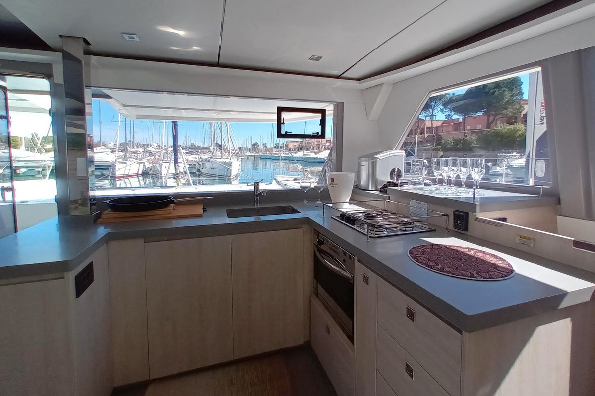 Galley of Lady Mara, a Leopard 45 catamaran at Palma de Mallorca, Spain
