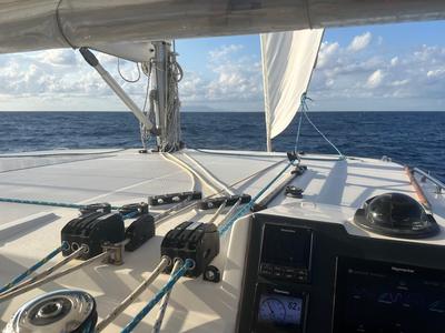 Cockpit of Lady Mara, a Leopard 45 catamaran at Palma de Mallorca, Spain