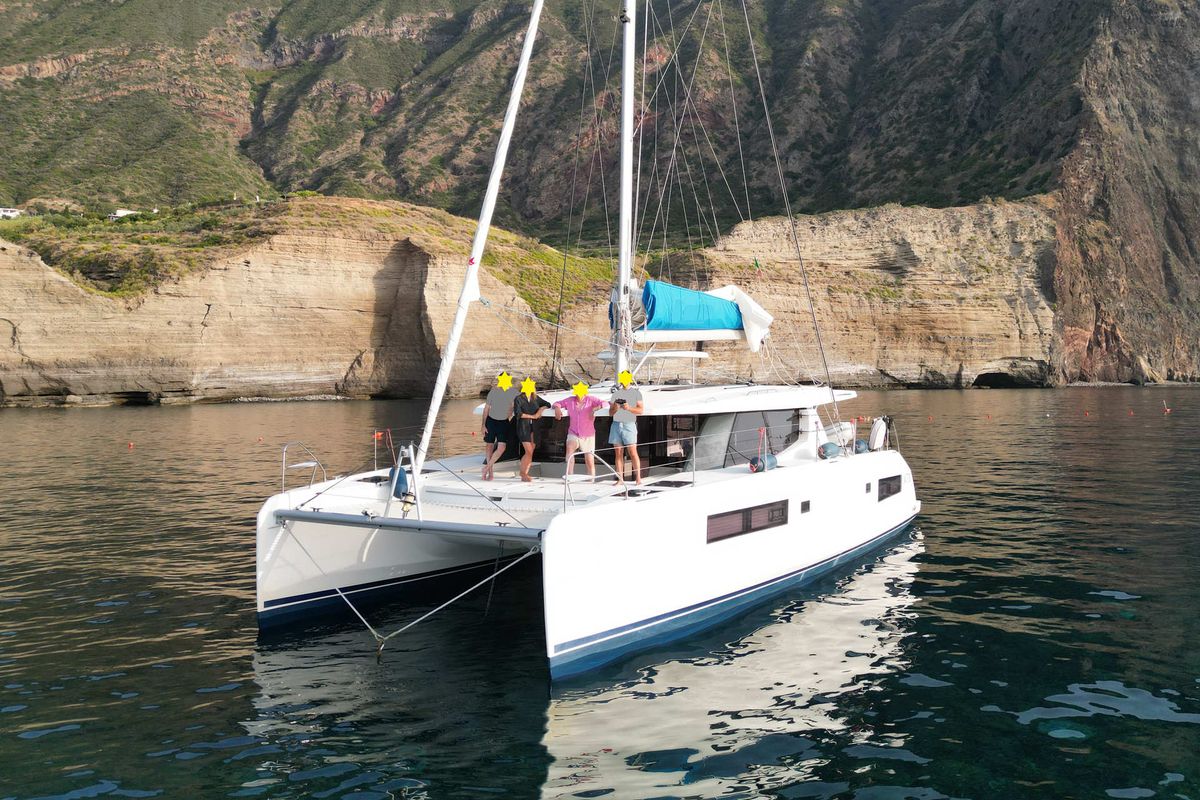 Exterior view of Lady Mara, a Leopard 45 catamaran at Palma de Mallorca, Spain