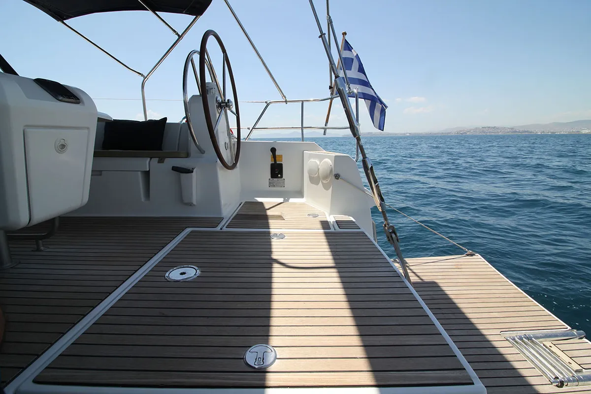 Deck of Lucky Slot, a Jeanneau Sun Odyssey 509 sailboat at Athens, Greece
