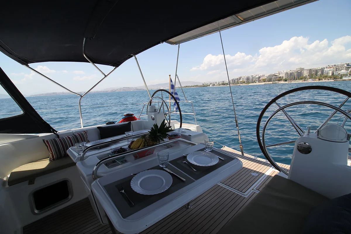 Cockpit of Lucky Slot, a Jeanneau Sun Odyssey 509 sailboat at Athens, Greece