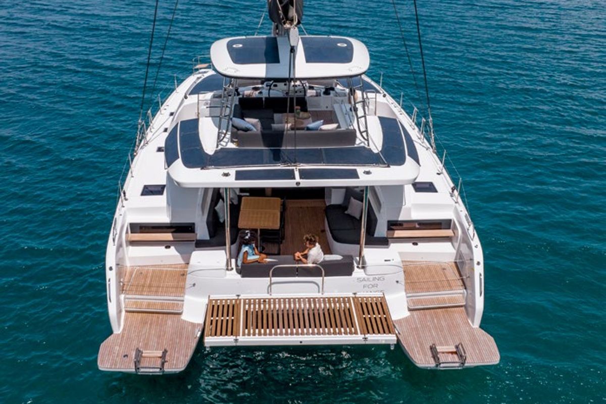 Exterior view of Babalu, a Lagoon 51 catamaran at Athens, Greece