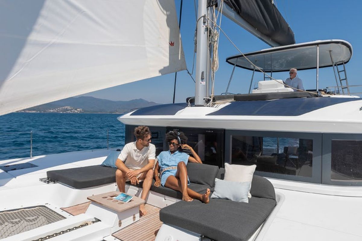 Deck of Babalu, a Lagoon 51 catamaran at Athens, Greece