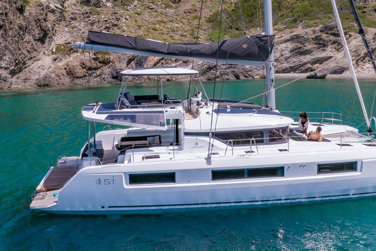 Exterior view of Babalu, a Lagoon 51 catamaran at Athens, Greece