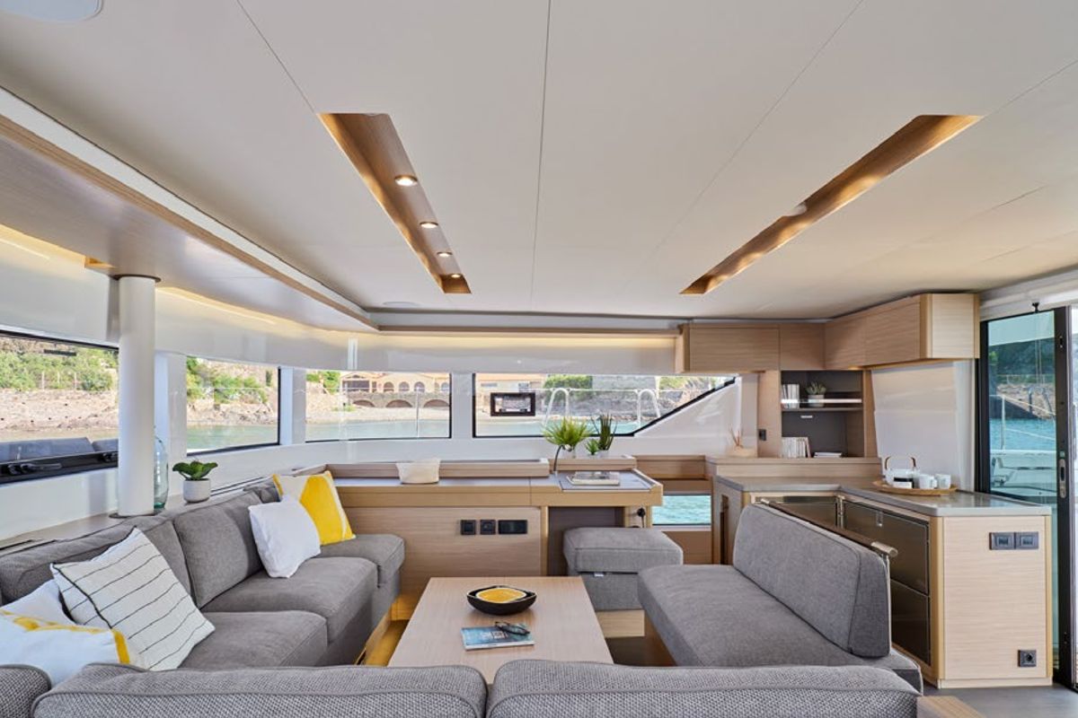 Salon of Babalu, a Lagoon 51 catamaran at Athens, Greece