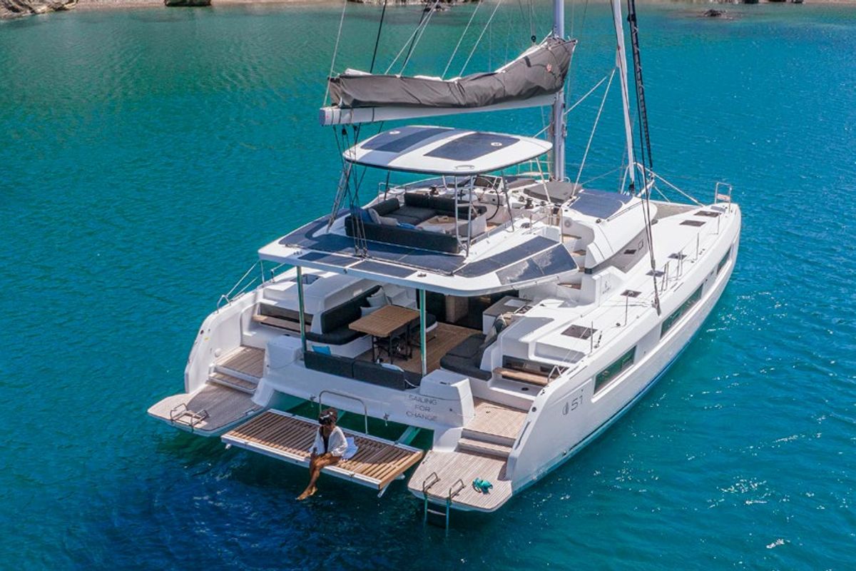 Exterior view of Babalu, a Lagoon 51 catamaran at Athens, Greece